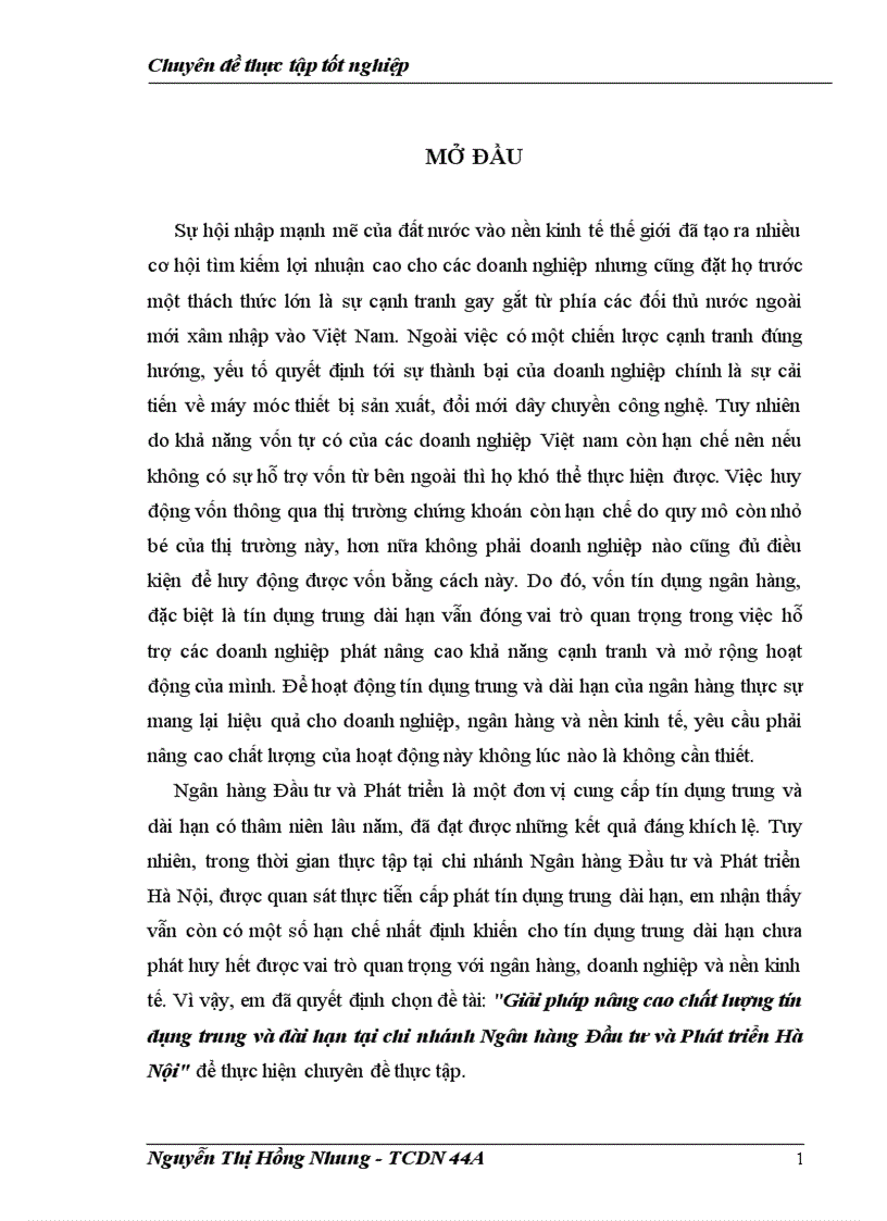 Giải pháp nâng cao chất lượng tín dụng trung và dài hạn tại chi nhánh Ngân hàng Đầu tư và Phát triển Hà Nội 1