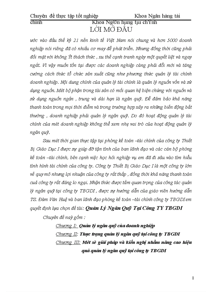 Quản Lý Ngân Quỹ Tại Công TY TBGDI 1