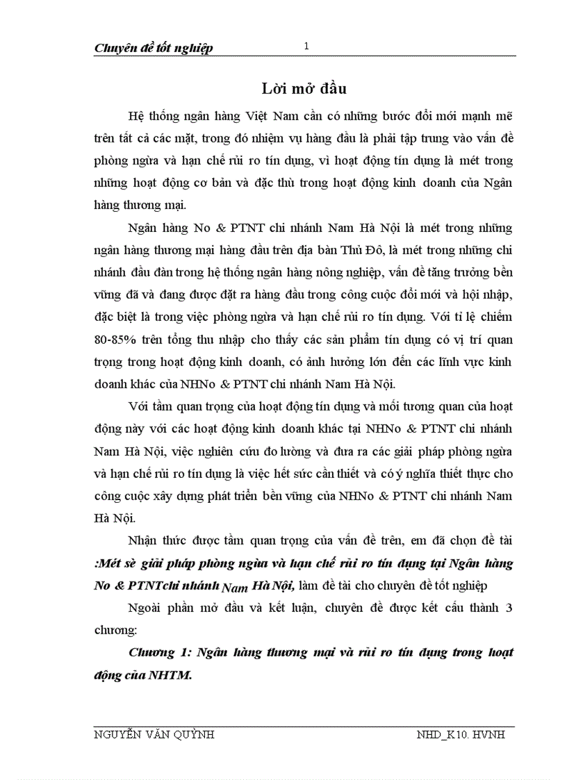 Một số giải pháp phòng ngừa và hạn chế rủi ro tín dụng tại Ngân hàng No PTNTchi nhánh Nam Hà Nội