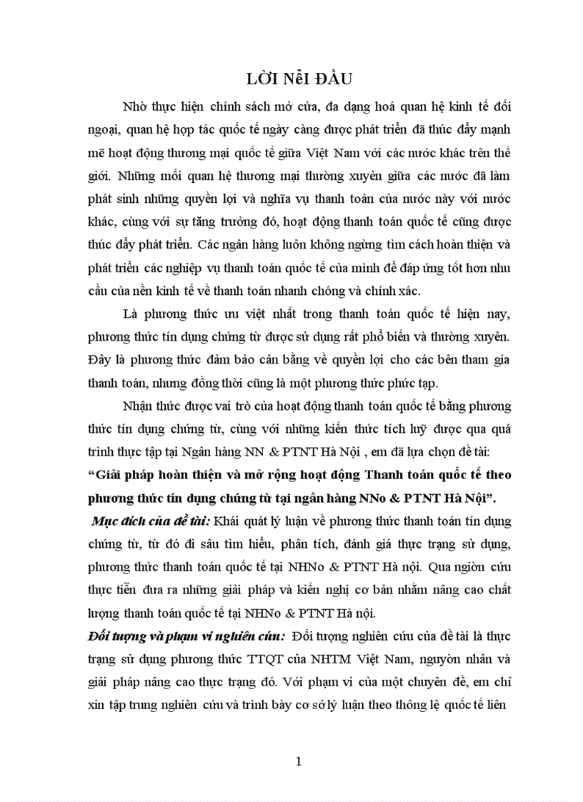 Giải pháp hoàn thiện và mở rộng hoạt động Thanh toán quốc tế theo phương thức tín dụng chứng từ tại ngân hàng NNo PTNT Hà Nội 1