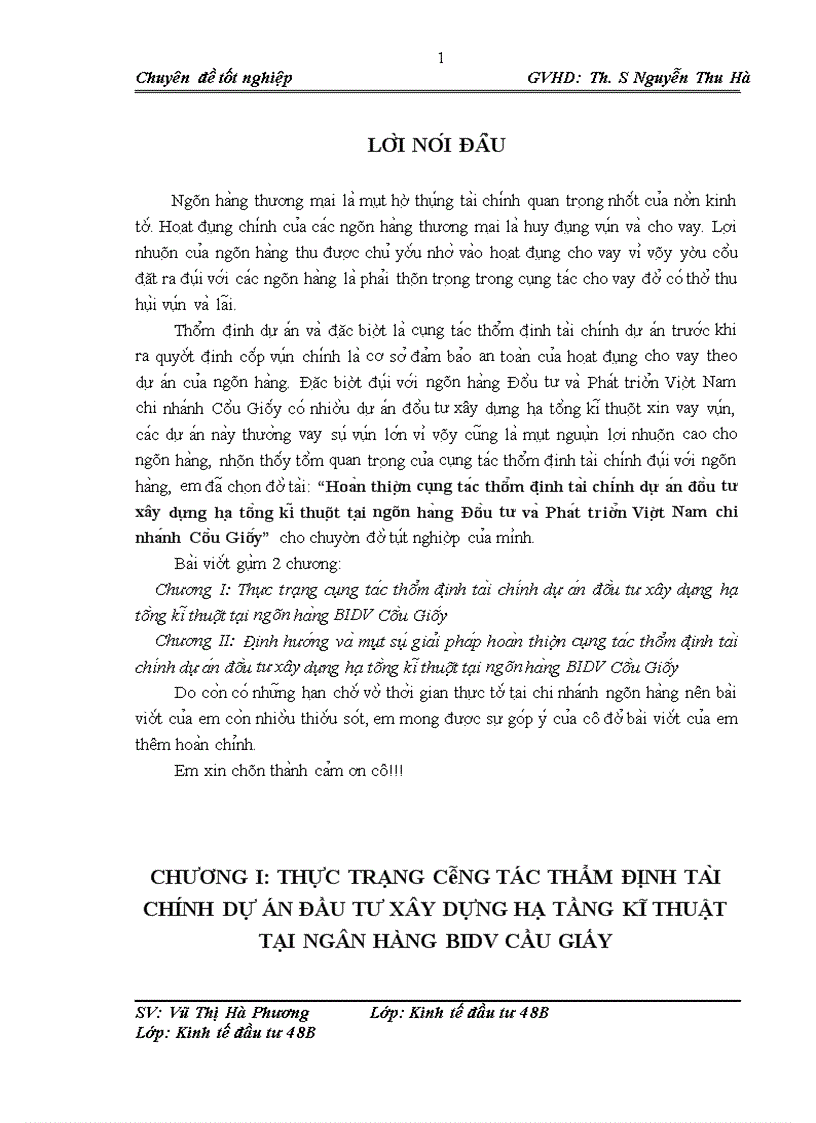 Đi nh hươ ng va mô t sô gia i pha p hoa n thiê n công ta c thâ m đi nh ta i chi nh dư a n đâ u tư xây dư ng ha tâ ng ki thuâ t ta i Ngân ha ng BIDV Câ u Giấy