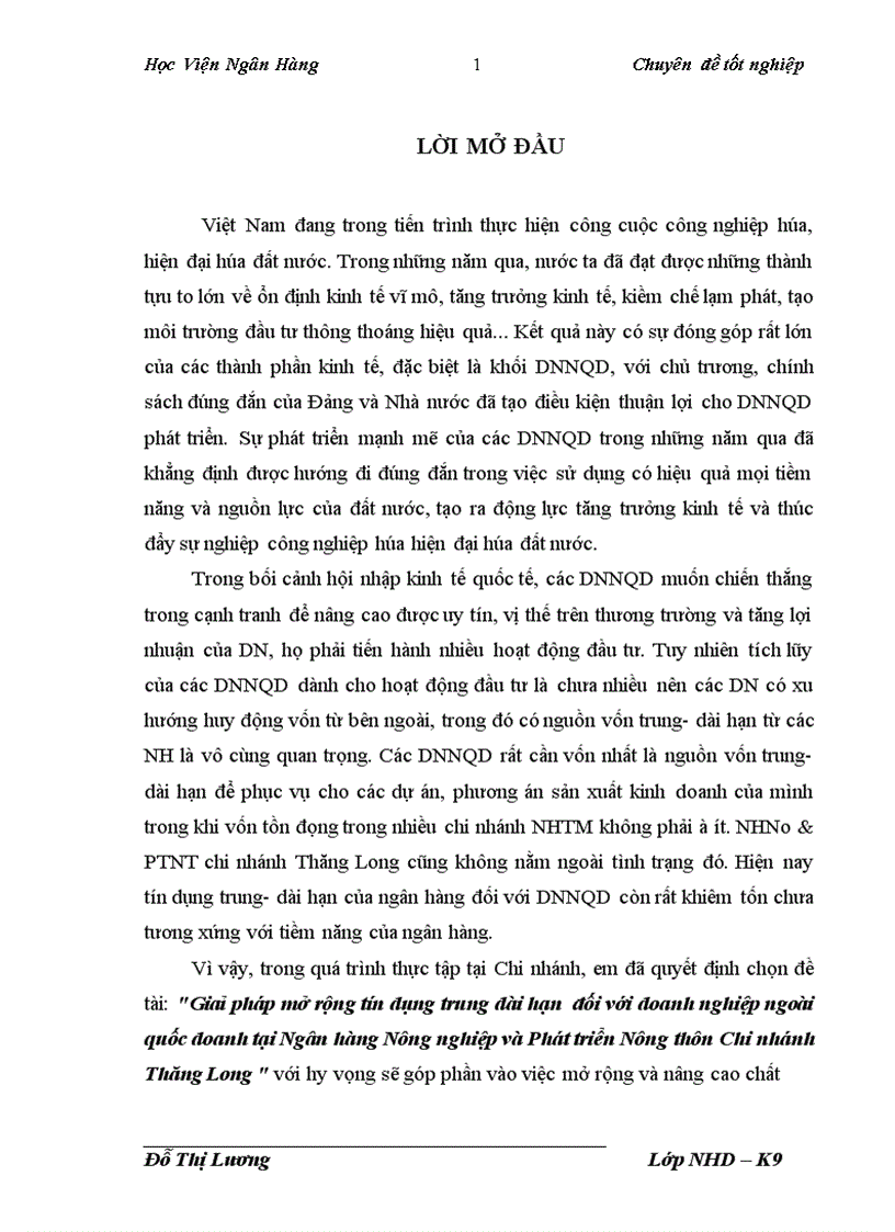 Giải pháp mở rộng tín dụng trung dài hạn đối với doanh nghiệp ngoài quốc doanh tại Ngân hàng Nông nghiệp và Phát triển Nông thôn Chi nhánh Thăng Long
