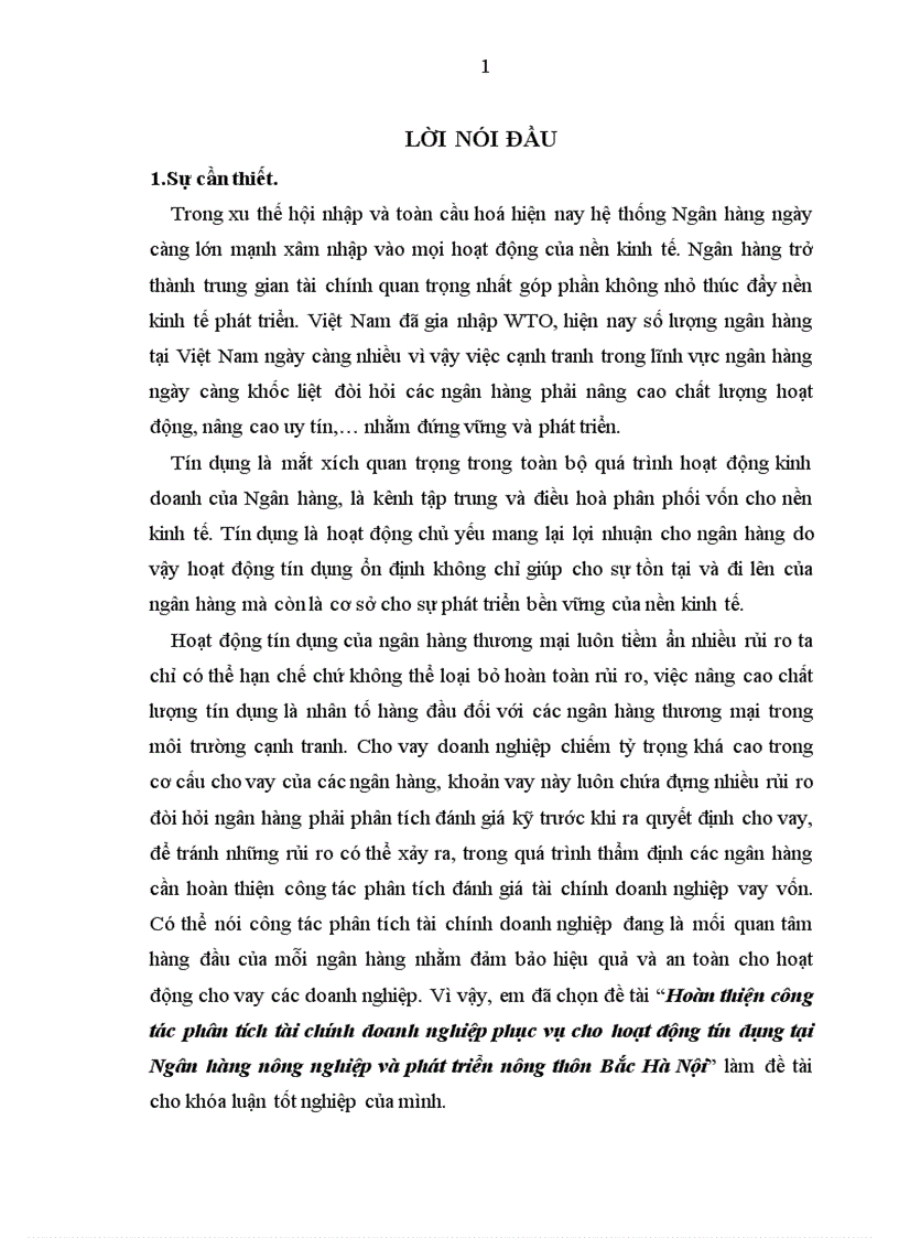 Hoàn thiện công tác phân tích tài chính doanh nghiệp phục vụ cho hoạt động tín dụng tại Ngân hàng nông nghiệp và phát triển nông thôn Bắc Hà Nội 1