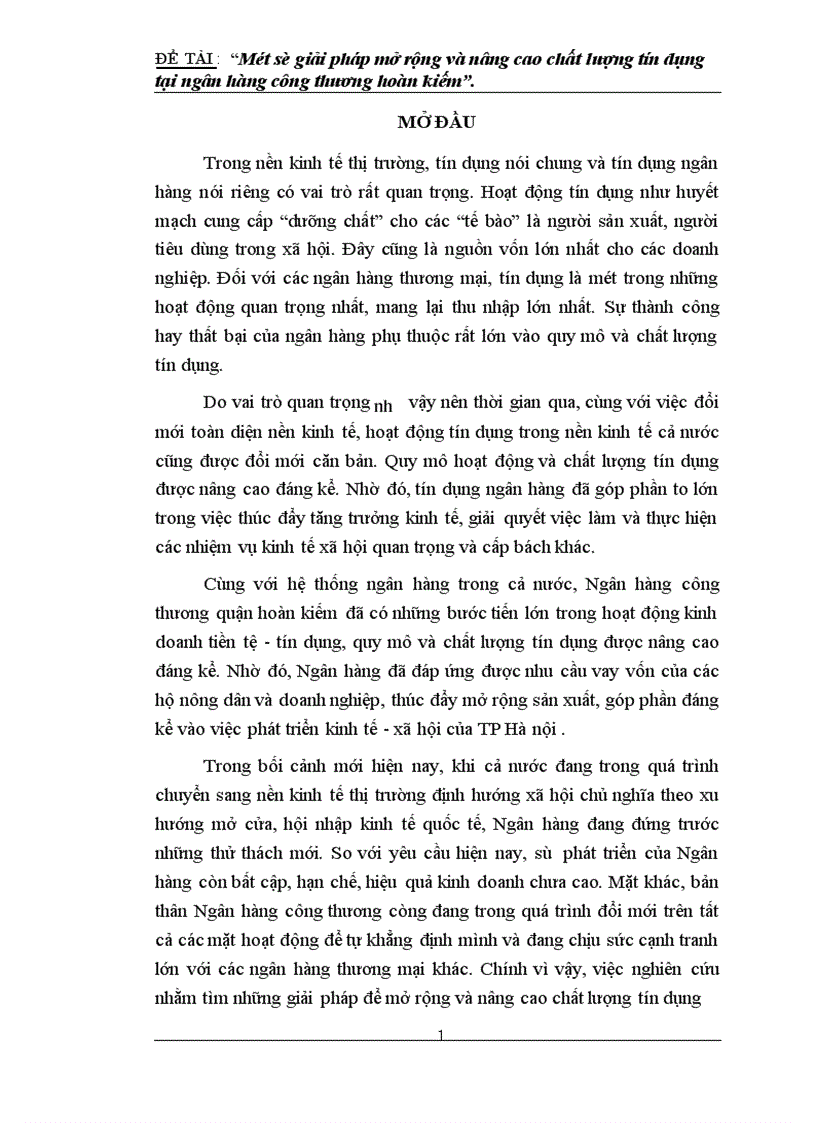Một số giải pháp mở rộng và nâng cao chất lượng tín dụng tại ngân hàng công thương hoàn kiếm 1
