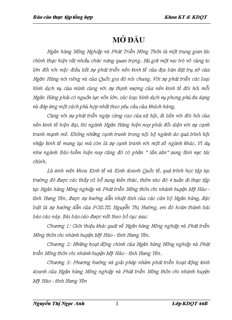 Phương hướng và giải pháp nhằm phát triển hoạt động kinh doanh của Ngân hàng Nông nghiệp và Phát triển Nông thôn chi nhánh huyện Mỹ Hào tỉnh Hưng Yên 1