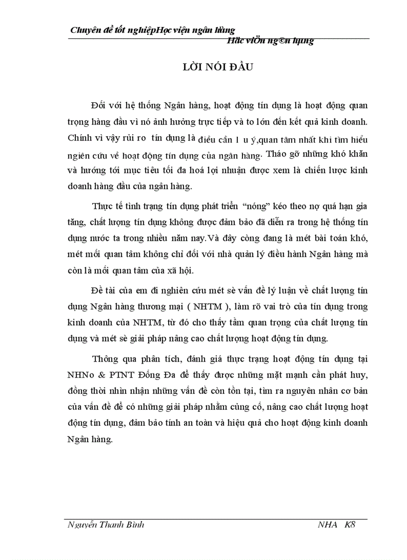 Giải pháp nâng cao chất lượng tín dụng tại NHNo PTNT Đống Đa