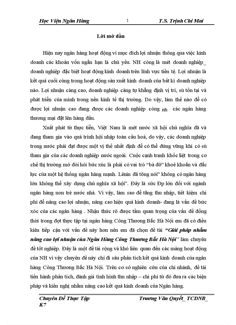 Giải pháp nhằm nâng cao lợi nhuận của Ngân Hàng Công Thương Bắc Hà Nội 1