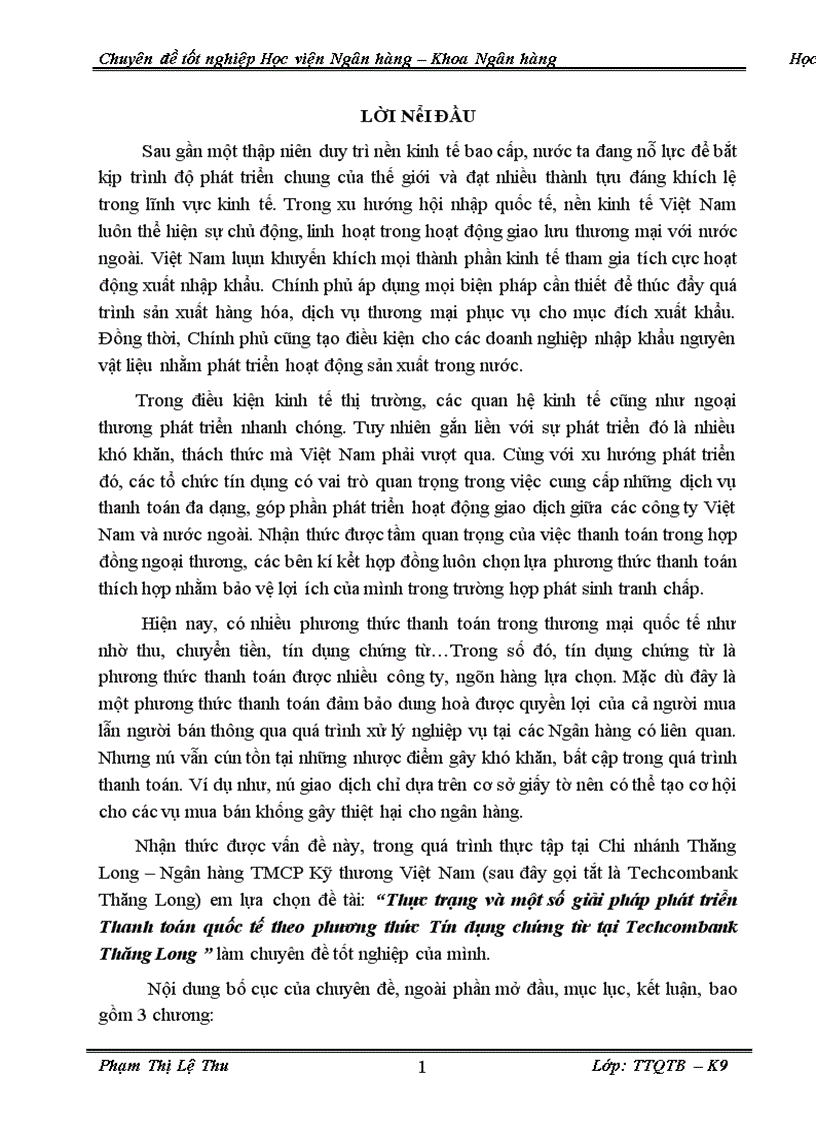Thực trạng và một số giải pháp phát triển Thanh toán quốc tế theo phương thức Tín dụng chứng từ tại Techcombank Thăng Long 1