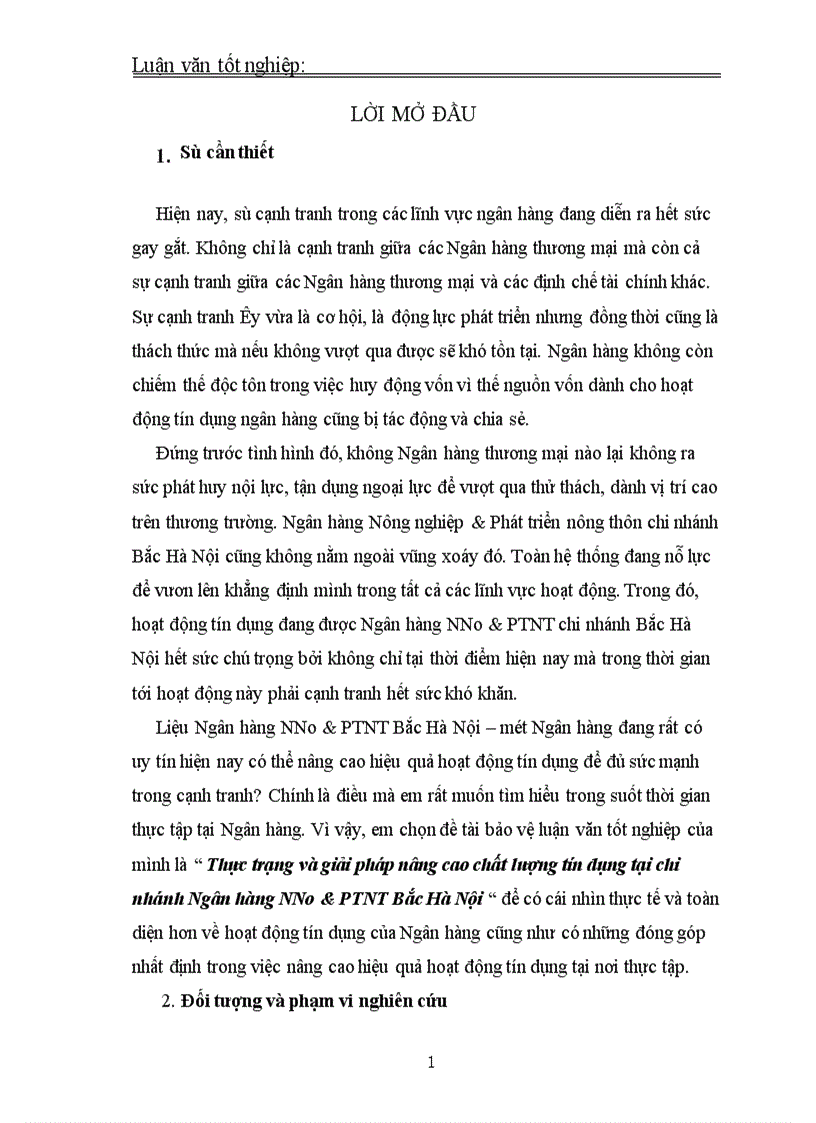 Thực trạng và giải pháp nâng cao chất lượng tín dụng tại chi nhánh Ngân hàng NNo PTNT Bắc Hà Nội 1