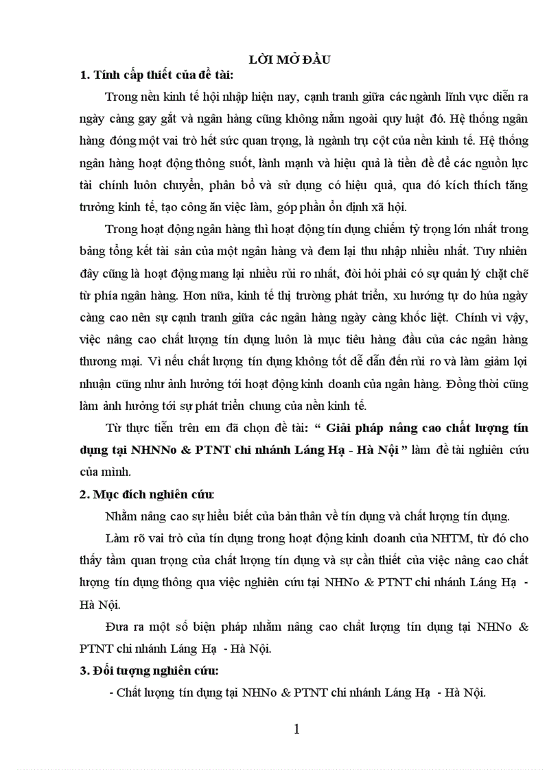 Giải pháp nâng cao chất lượng tín dụng tại NHNNo PTNT chi nhánh Láng Hạ Hà Nội 1