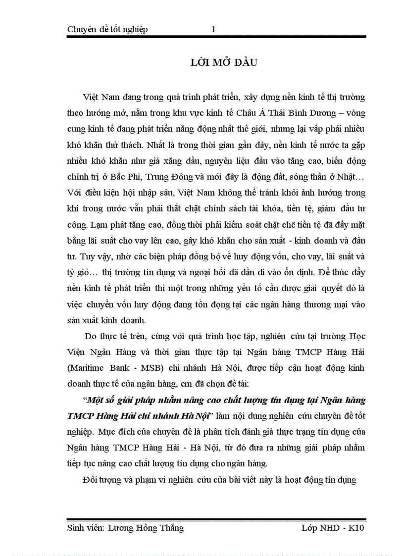 Một số giải pháp nhằm nâng cao chất lượng tín dụng tại Ngân hàng TMCP Hàng Hải chi nhánh Hà Nội