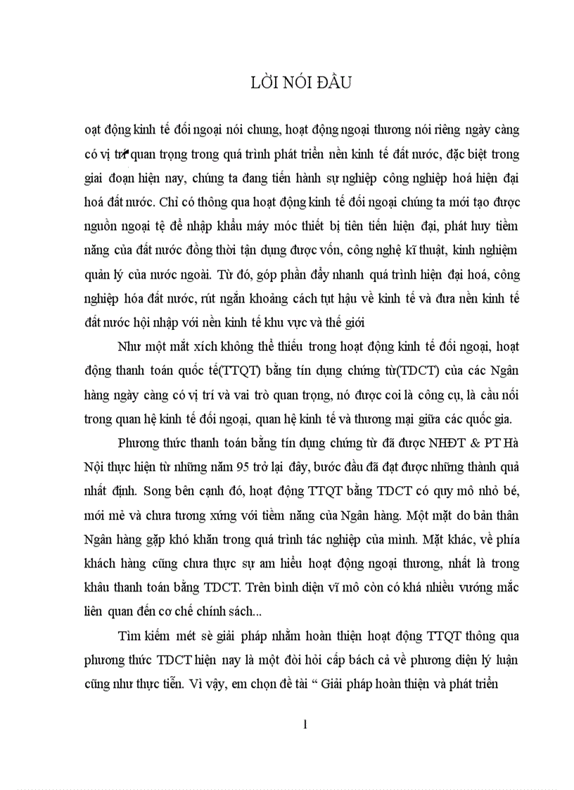 Giải pháp hoàn thiện và phát triển hoạt động thanh toán quốc tế thông qua phương thức tín dụng chứng từ tại NHĐT PT Hà Nội