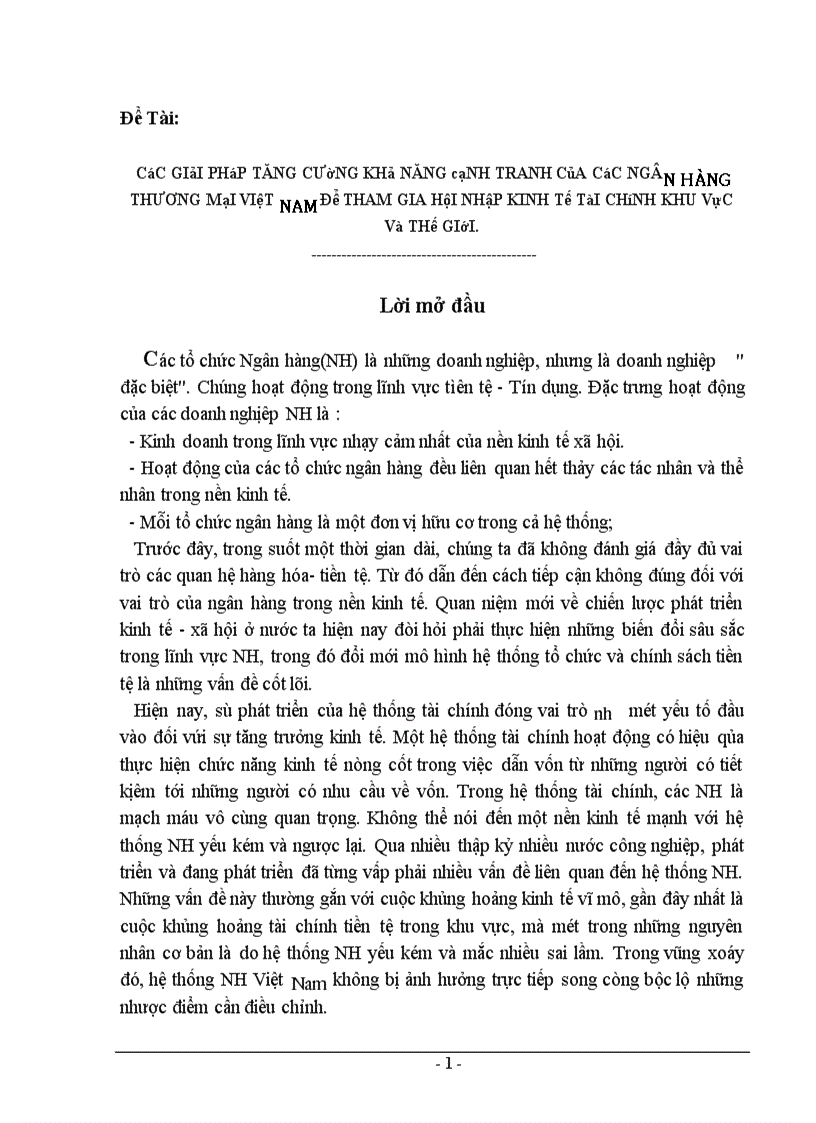 Các giải pháp tăng cường khả năng cạnh tranh của các ngân hàng thương mại việt nam để tham gia hội nhập kinh tế tài chính khu vực và thế giới 1