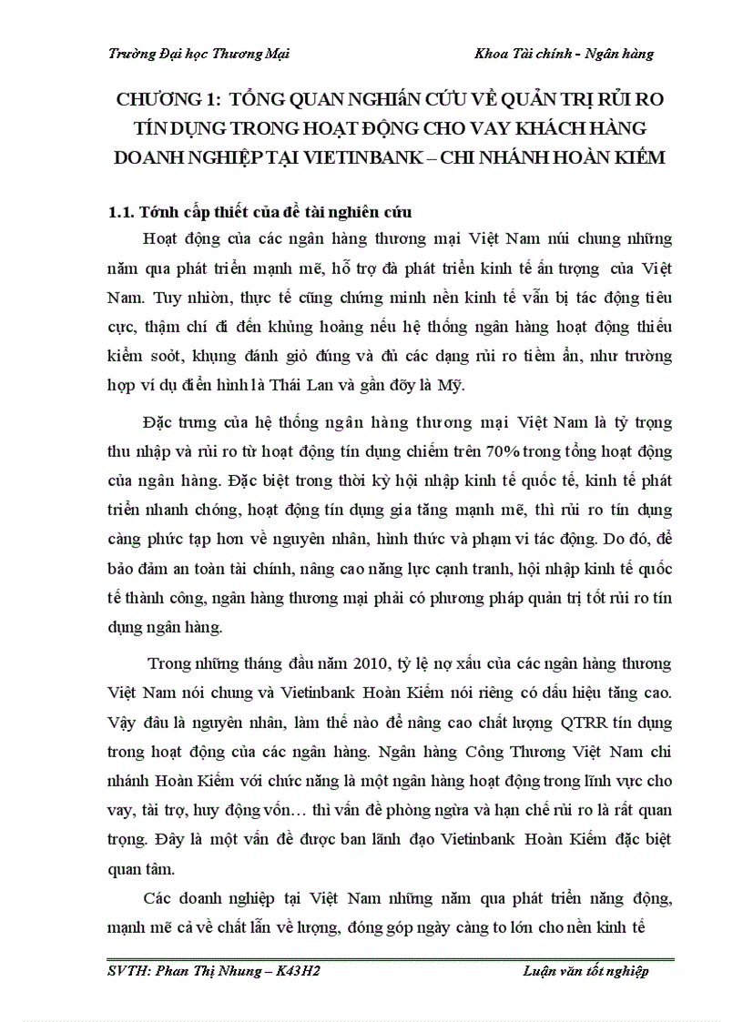 Quản trị rủi ro tín dụng trong hoạt động cho vay khách hàng doanh nghiệp tại Vietinbank Hoàn Kiếm 1