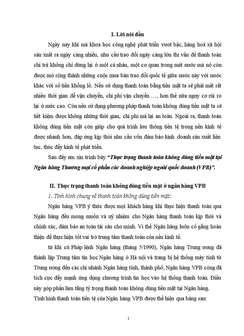 Thực trạng thanh toán không dùng tiền mặt tại Ngân hàng Thương mại cổ phần các doanh nghiệp ngoài quốc doanh VPB 1