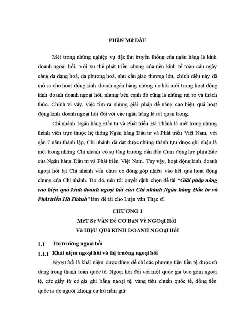 Giải pháp nâng cao hiệu quả kinh doanh ngoại hối của Chi nhánh Ngân hàng Đầu tư và Phát triển Hà Thành