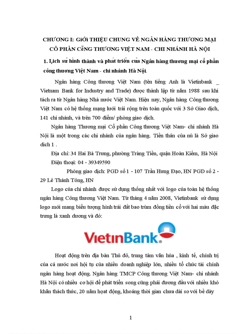 Báo cáo thực tập tổng hợp tại ngân hàng thương mại cổ phần công thương việt nam chi nhánh hà nội