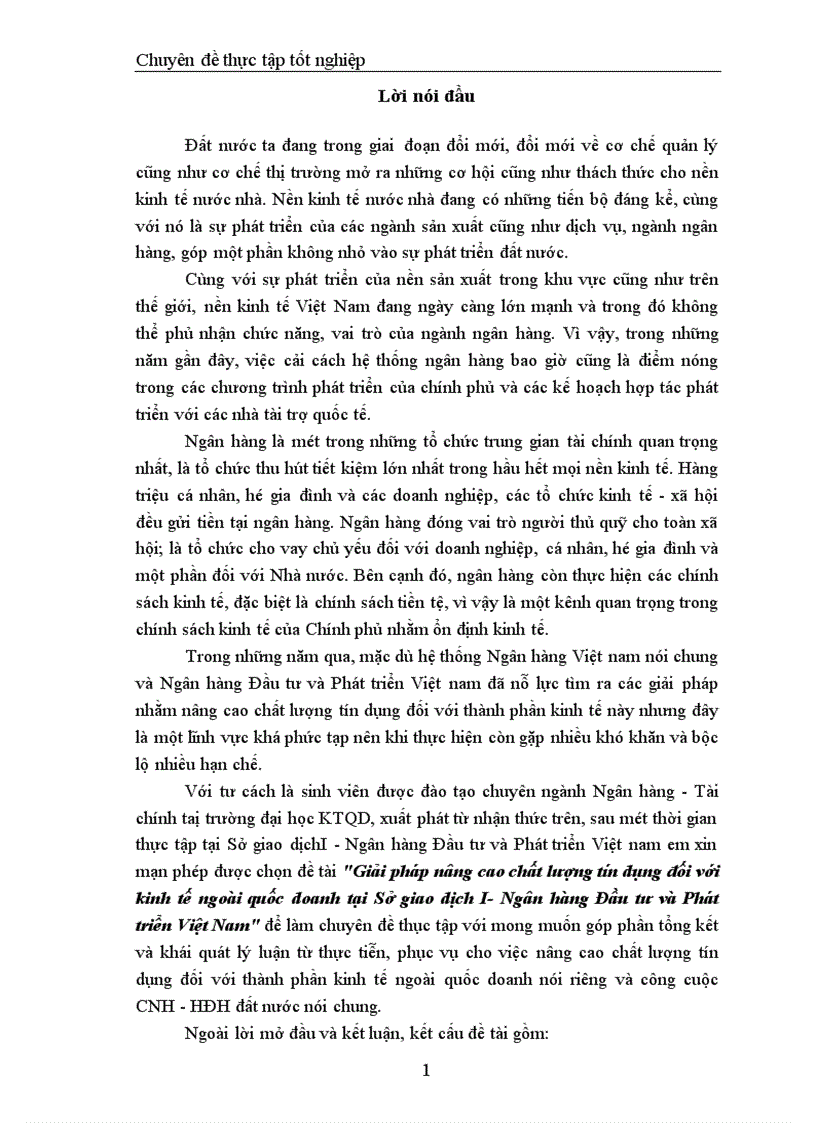 Giải pháp nâng cao chất lượng tín dụng đối với kinh tế ngoài quốc doanh tại Sở giao dịch I Ngân hàng Đầu tư và Phát triển Việt Nam 1