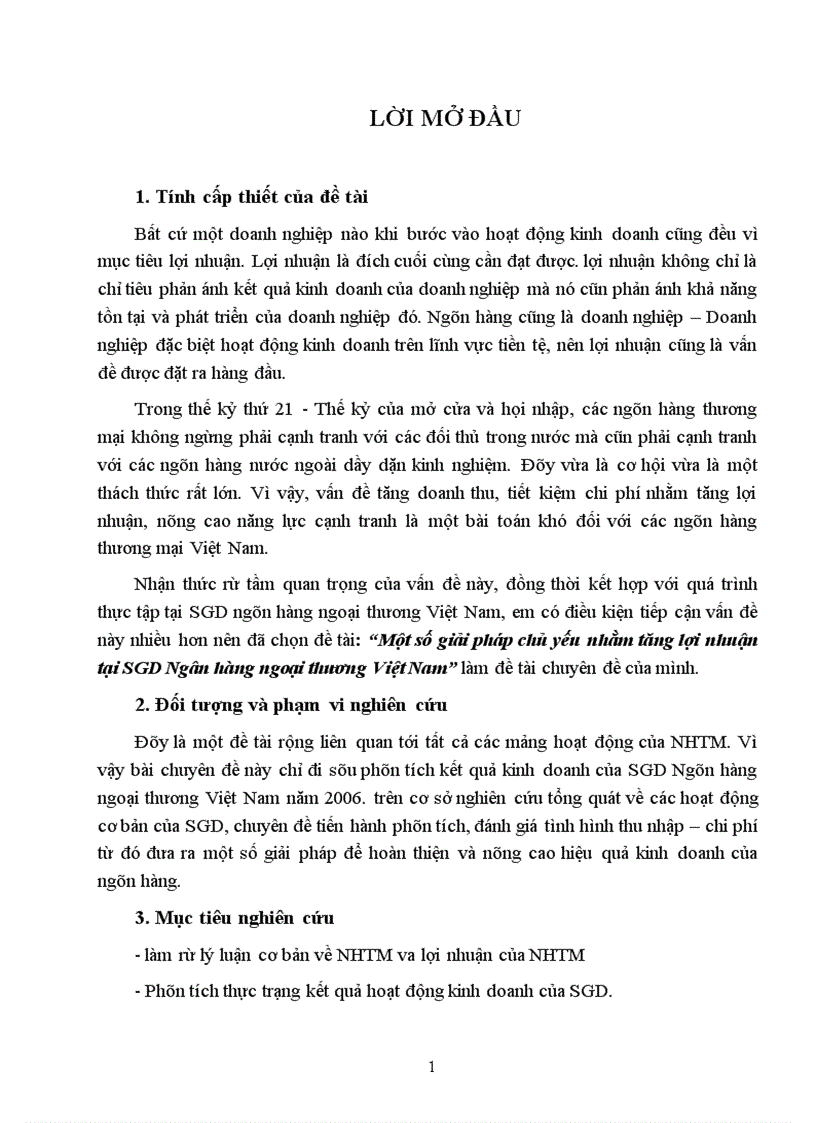 Một số giải pháp chủ yếu nhằm tăng lợi nhuận tại SGD Ngân hàng ngoại thương Việt Nam 1