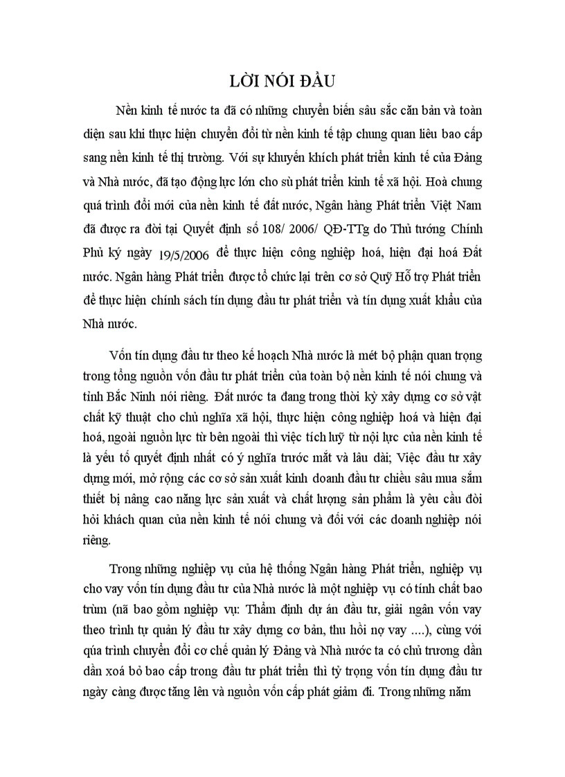 Giải pháp nhằm nâng cao chất lượng quản lý cho vay vốn tín dụng đầu tư của Nhà nước tại Chi nhánh Ngân hàng Phát triển Bắc Ninh 1