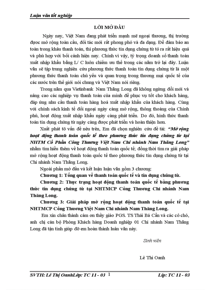 Mở rộng hoạt động thanh toán quốc tế theo phương thức tín dụng chứng từ tại NHTM Cổ Phần Công Thương Việt Nam Chi nhánh Nam Thăng Long 1