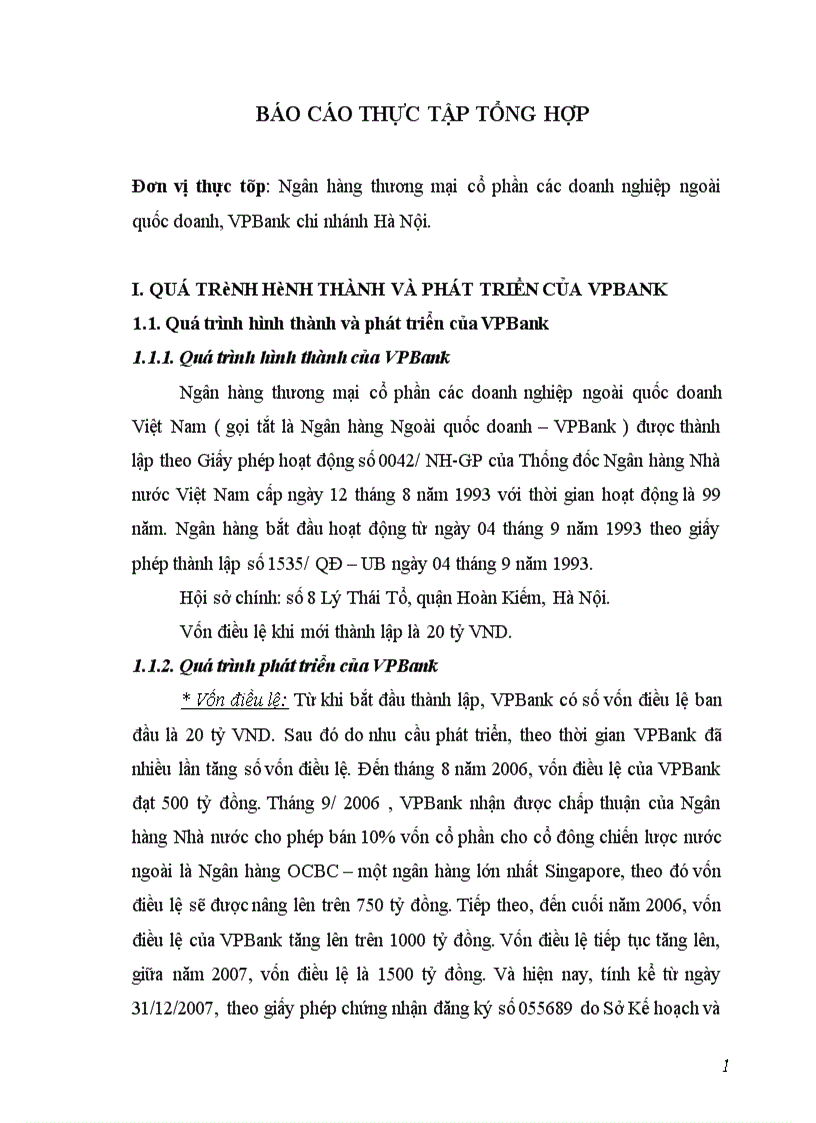Báo cáo thực tập tổng hợp tại Ngân hàng thương mại cổ phần các doanh nghiệp ngoài quốc doanh VPBank chi nhánh Hà Nội