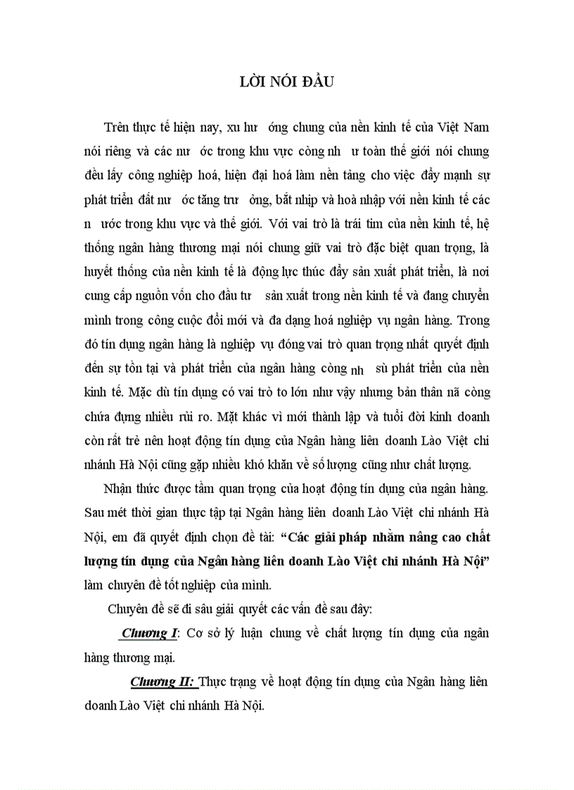 Các giải pháp nhằm nâng cao chất lượng tín dụng của Ngân hàng liên doanh Lào Việt chi nhánh Hà Nội 1