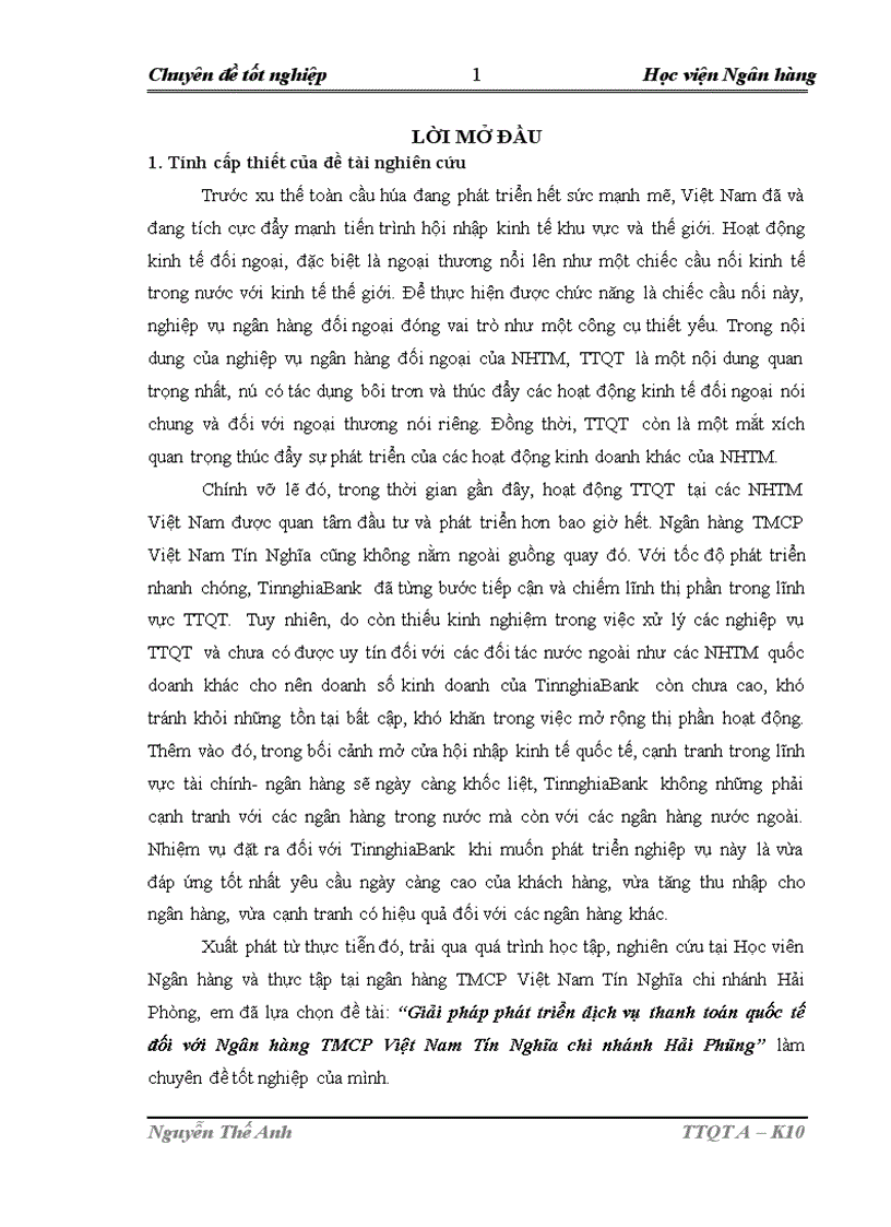Giải pháp phát triển dịch vụ thanh toán quốc tế đối với Ngân hàng TMCP Việt Nam Tín Nghĩa chi nhánh Hải Phòng 1