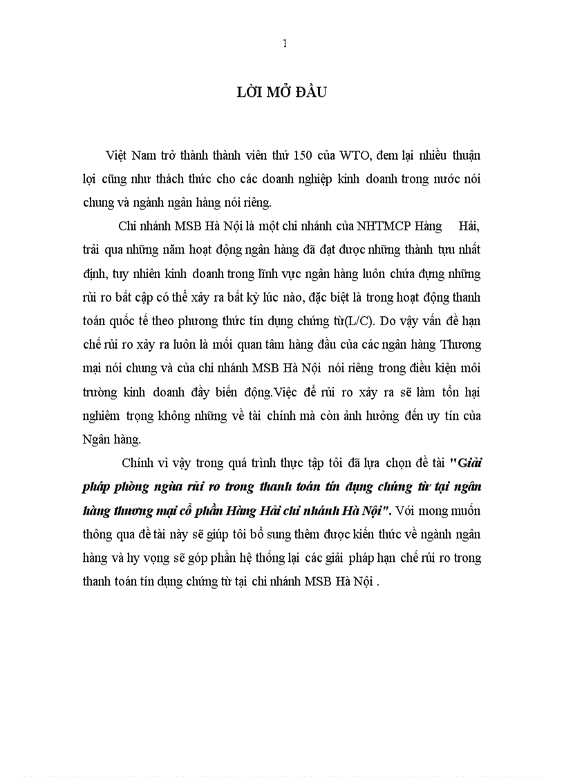 Giải pháp phòng ngừa rủi ro trong thanh toán tín dụng chứng từ tại ngân hàng thương mại cổ phần Hàng Hải chi nhánh Hà Nội