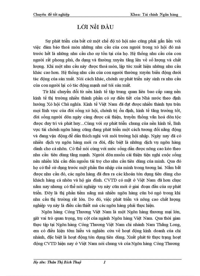Giải pháp nhằm mở rộng Cho vay tiêu dùng tại Ngân hàng Công Thương Việt Nam chi nhánh Nam Thăng Long 1