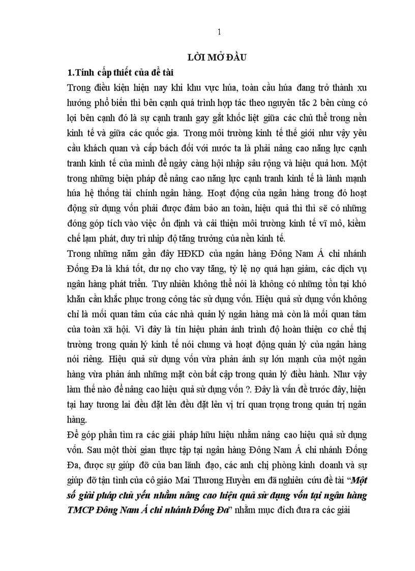 Một số giải pháp chủ yếu nhằm nâng cao hiệu quả sử dụng vốn tại ngân hàng TMCP Đông Nam Á chi nhánh Đống Đa 1