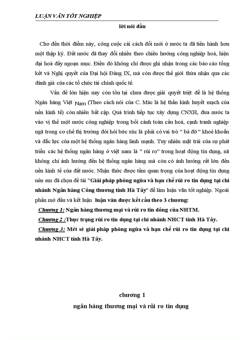 Giải pháp phòng ngừa và hạn chế rủi ro tín dụng tại chi nhánh Ngân hàng Công thương tỉnh Hà Tây 1