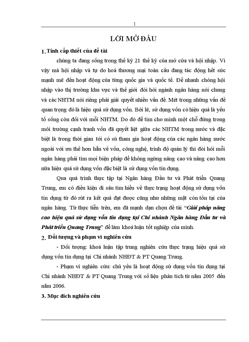 Giải pháp nâng cao hiệu quả sử dụng vốn tín dụng tại Chi nhánh Ngân hàng Đầu tư và Phát triển Quang Trung 1