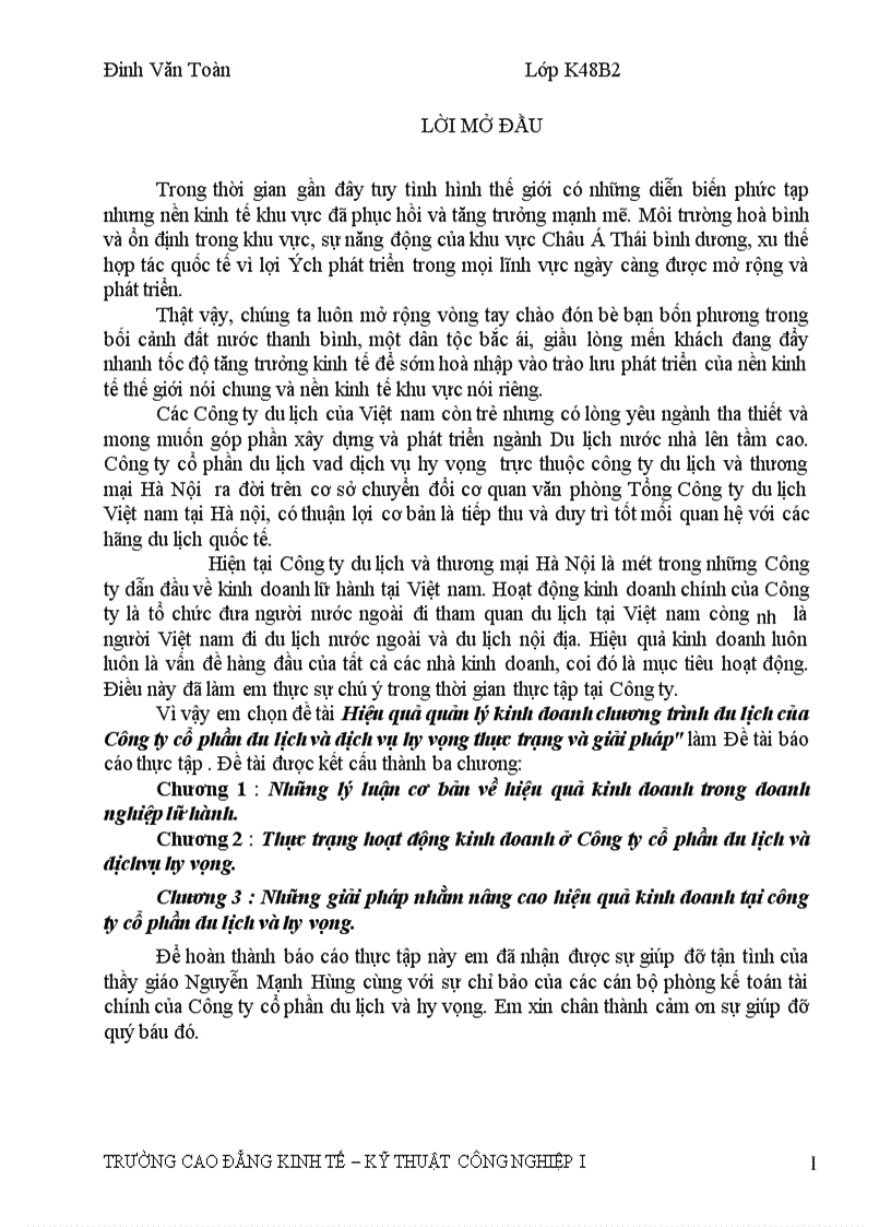 Thực trạng hoạt động kinh doanh ở Công ty cổ phần du lịch và dịchvụ hy vọng