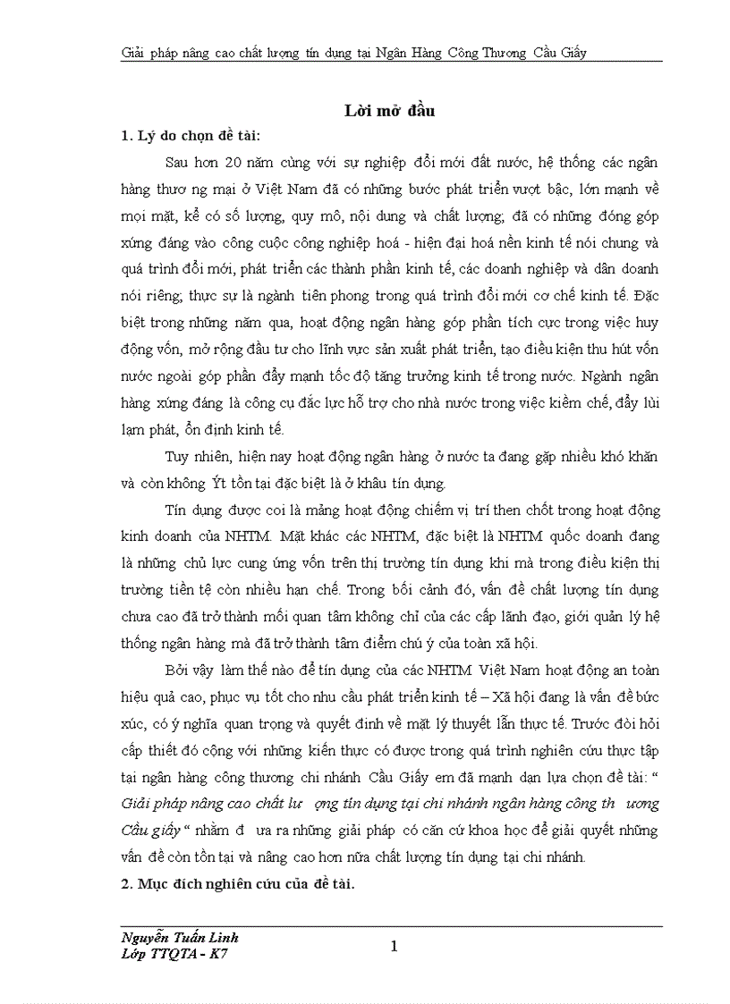 Giải pháp nâng cao chất lượng tín dụng tại Ngân Hàng công Thương Cầu Giấy
