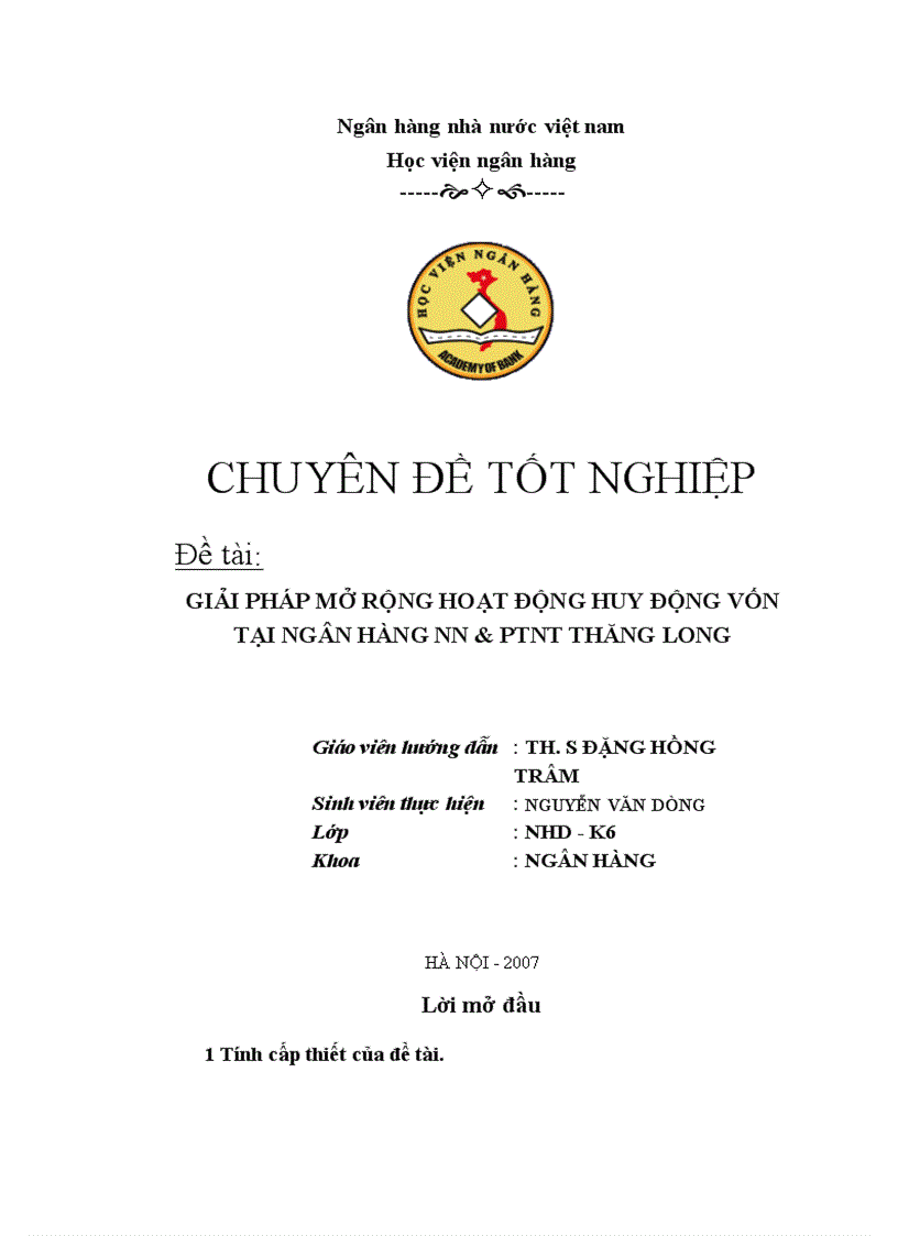Giải pháp mở rộng hoạt động huy động vốn tại Ngân hàng nN PTNT Thăng Long Hà Nội 2007
