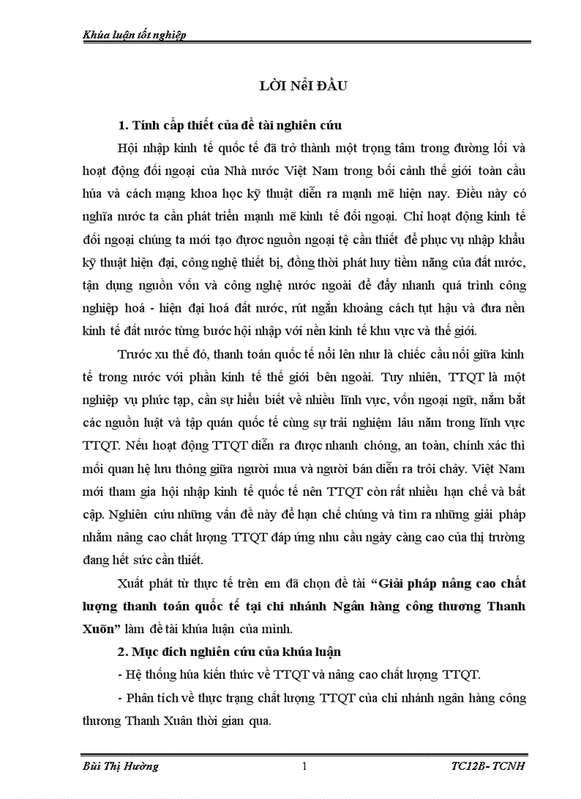 Giải pháp nâng cao chất lượng thanh toán quốc tế tại chi nhánh Ngân hàng công thương Thanh Xuân 1