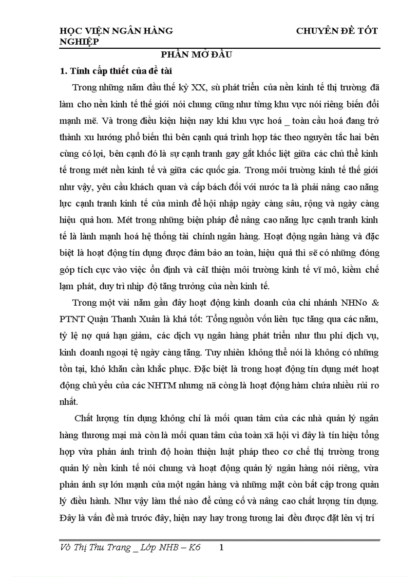 Giải pháp nâng cao chất lượng tín dụng tại chi nhánh NHNo PTNT Quận Thanh Xuân 1