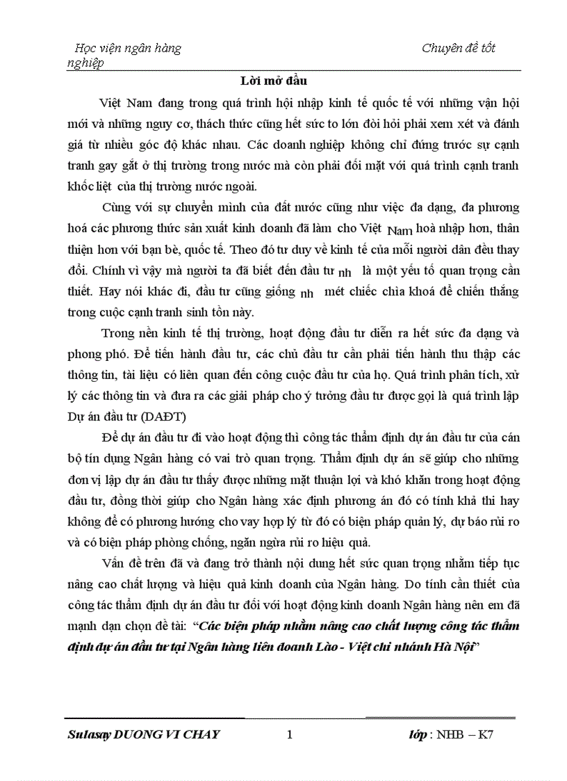 Các biện pháp nhằm nâng cao chất lượng công tác thẩm định dự án đầu tư tại Ngân hàng liên doanh Lào Việt chi nhánh Hà Nội