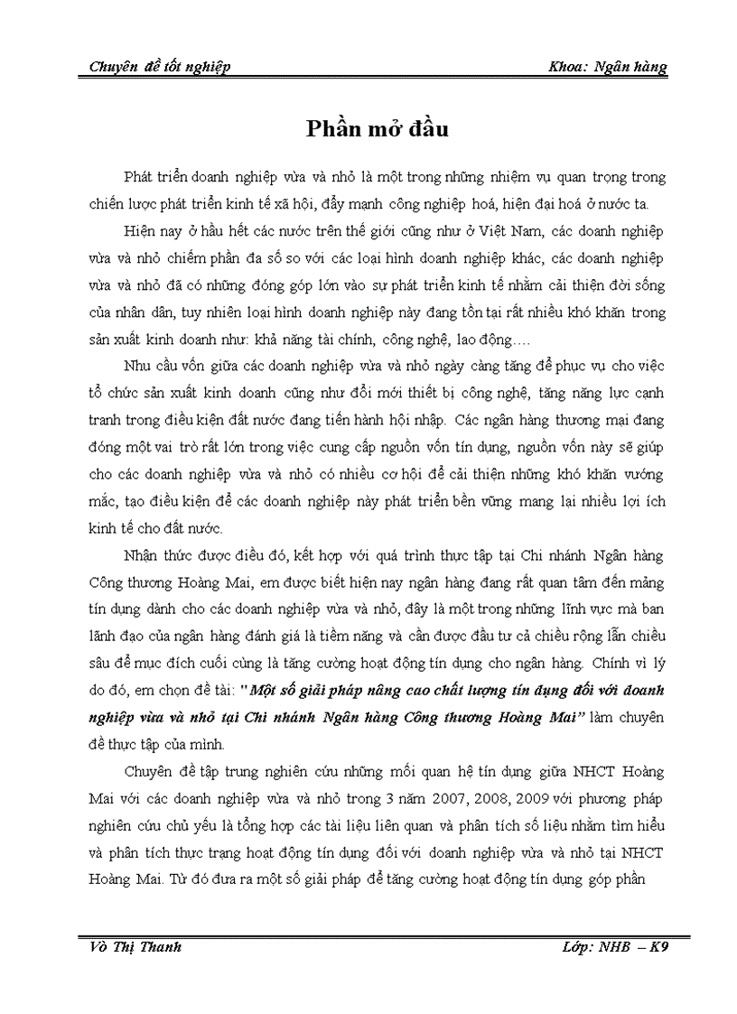 Một số giải pháp nâng cao chất lượng tín dụng đối với doanh nghiệp vừa và nhỏ tại Chi nhánh Ngân hàng Công thương Hoàng Mai 1