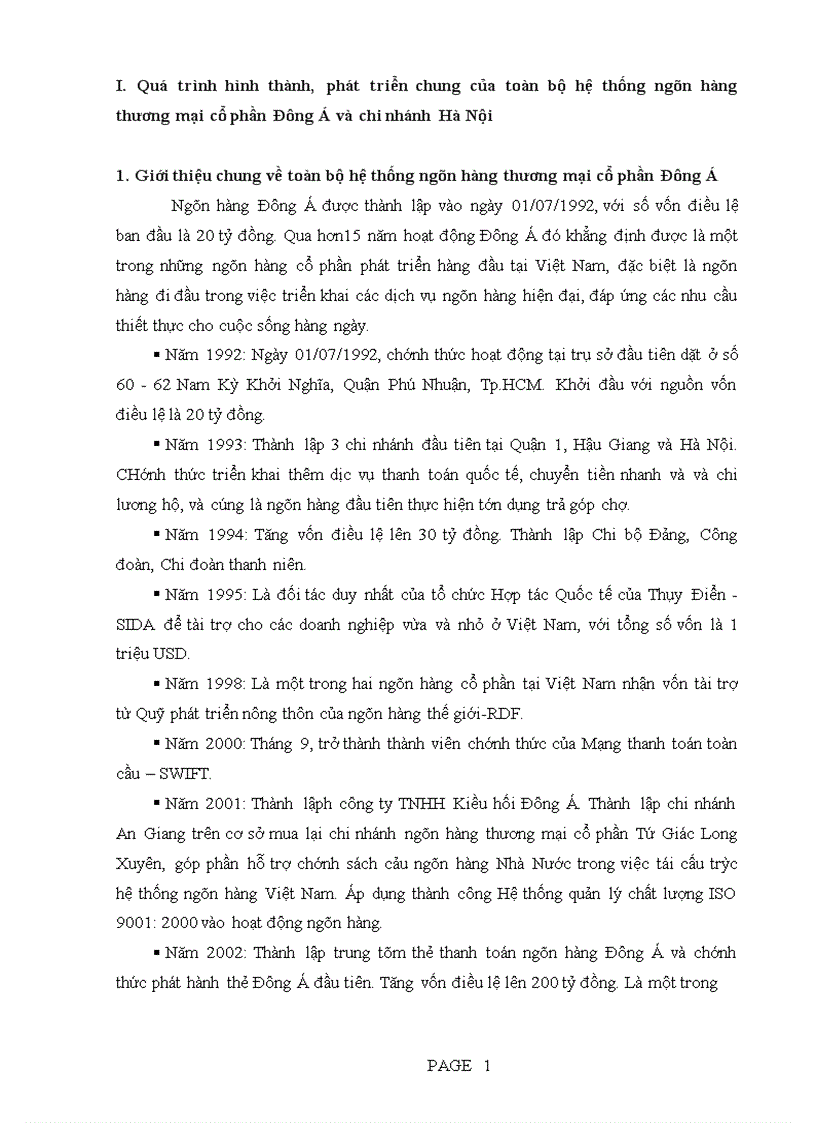 Quá trình hình thành phát triển chung của toàn bộ hệ thống ngân hàng thương mại cổ phần Đông Á và chi nhánh Hà Nội