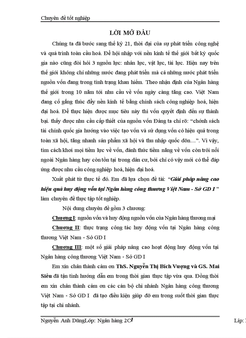 Giải pháp nâng cao hiệu quả huy động vốn tại Ngân hàng công thương Việt Nam Sở GD I 1