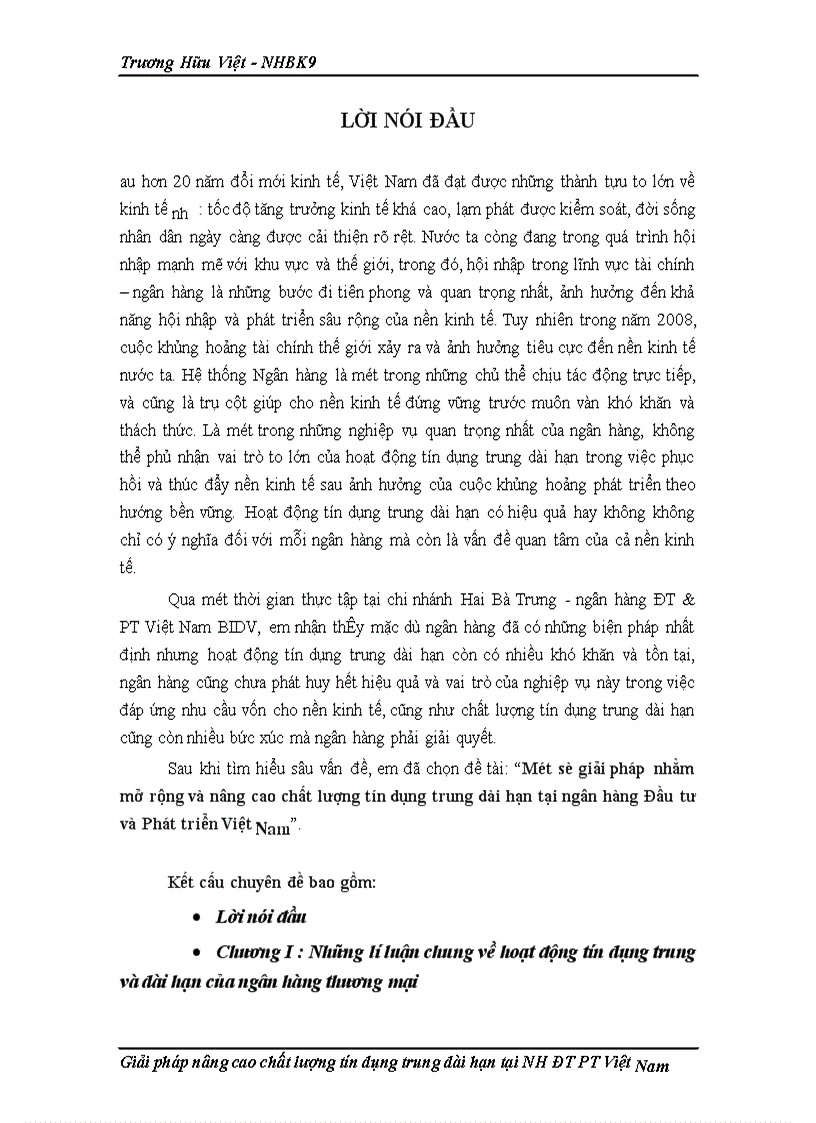Một số giải pháp nhằm mở rộng và nâng cao chất lượng tín dụng trung dài hạn tại ngân hàng Đầu tư và Phát triển Việt Nam 1