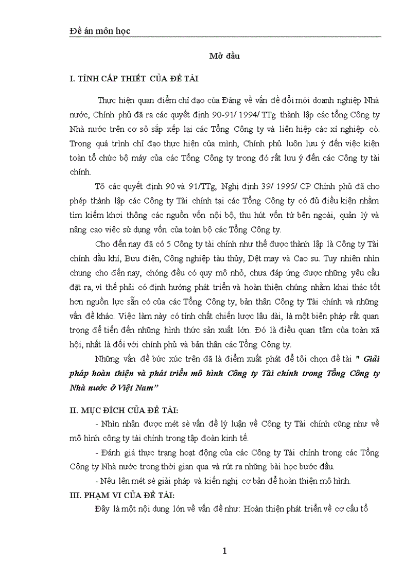 Báo cáo thực tập tổng hợp Giải pháp hoàn thiện và phát triển mô hình Công ty Tài chính trong Tổng Công ty Nhà nước ở Việt Nam