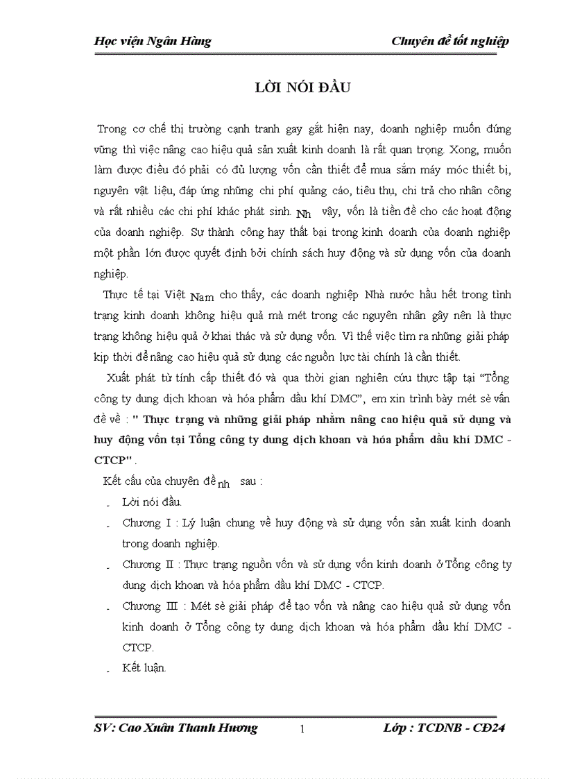 Thực trạng và những giải pháp nhằm nâng cao hiệu quả sử dụng và huy động vốn tại Tổng công ty dung dịch khoan và hóa phẩm dầu khí DMC CTCP 1