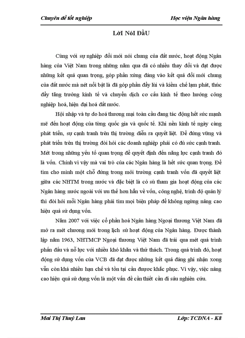 Giải pháp nâng cao hiệu quả sử dụng vốn tại NHTMCP Ngoại thương Việt Nam Chi nhánh Thành Công 1