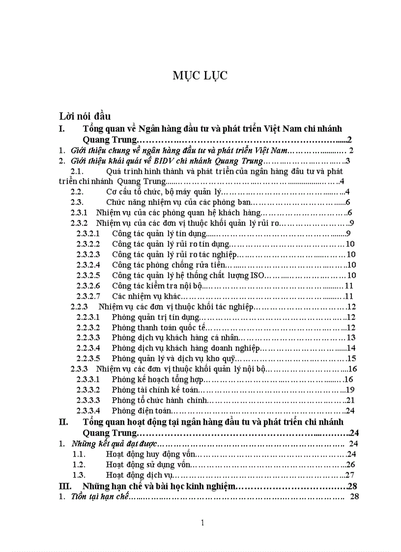 Tổng quan hoạt động tại ngân hàng đầu tu và phát triển chi nhánh Quang Trung