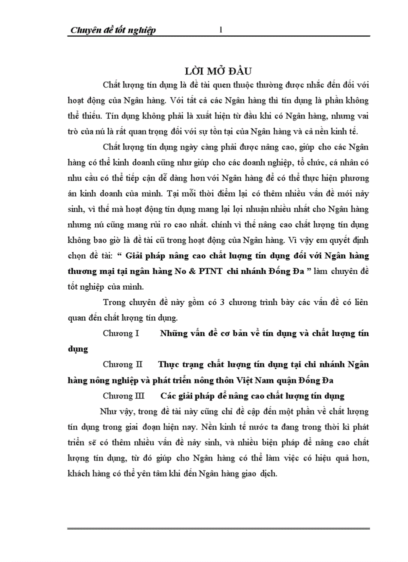 Giải pháp nâng cao chất luợng tín dụng đối với Ngân hàng thương mại tại ngân hàng No PTNT chi nhánh Đống Đa