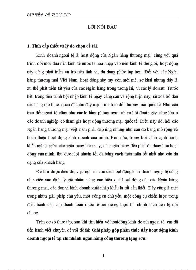 Giải pháp góp phần thúc dẩy hoạt động kinh doanh ngoại tê tại chi nhánh ngân hàng công thương lạng sơn 1