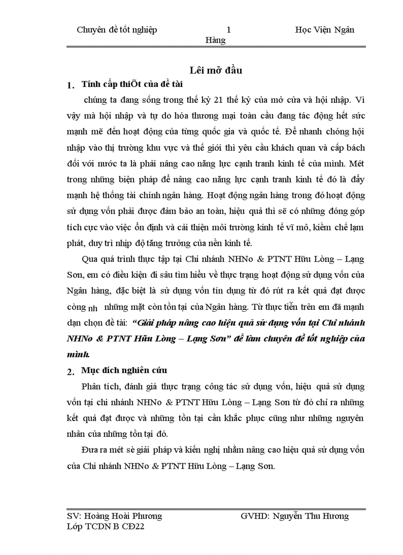 Giải pháp nâng cao hiệu quả sử dụng vốn tại Chi nhánh NHNo PTNT Hữu Lũng Lạng Sơn 1